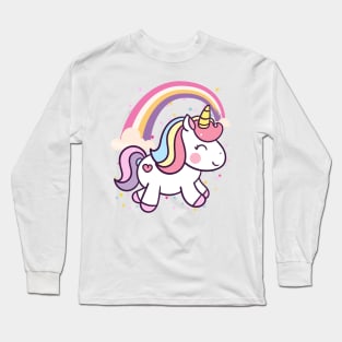 Cute Unicorn With Rainbow and Little Flowers Long Sleeve T-Shirt